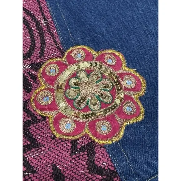 Indigo Moon Denim Chambray Medium Coat Pink Aztec Accent Purple Trim Embellish - Picture 8 of 13